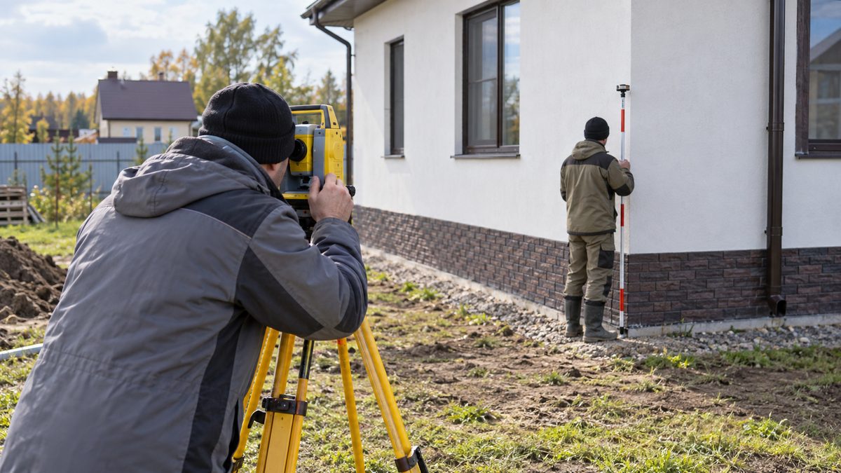 Технический план дома: кадастровый инженер с тахеометром на участке