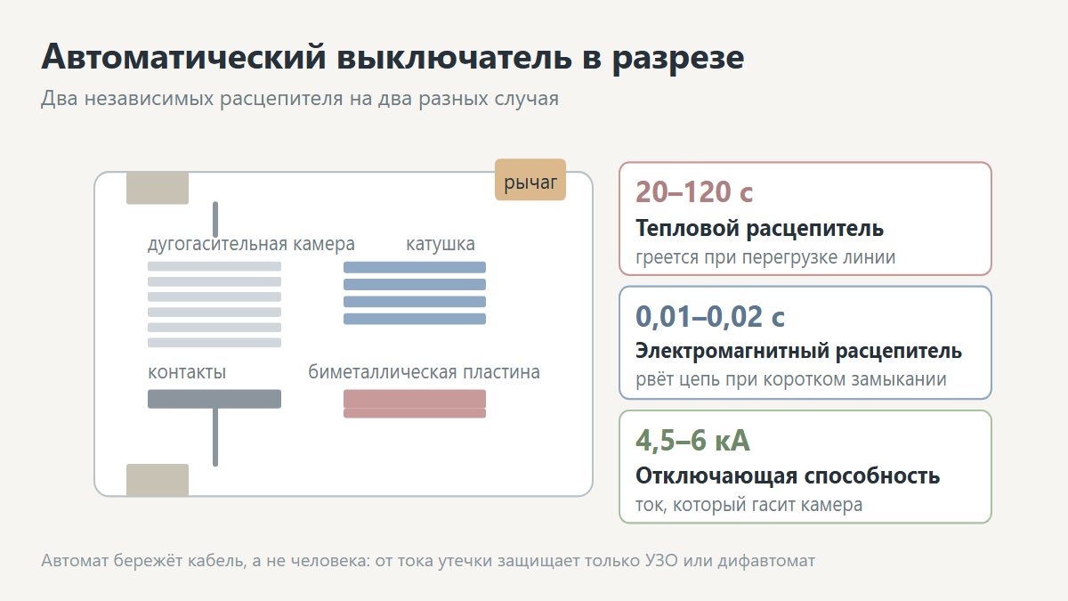 Автоматический выключатель в разрезе: тепловой и электромагнитный расцепители