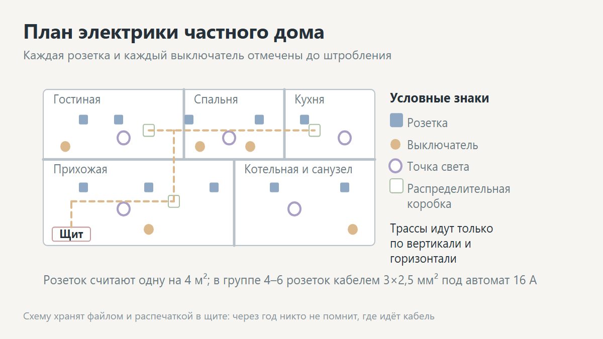 Схема электропроводки частного дома: щит, группы, распределительные коробки, розетки