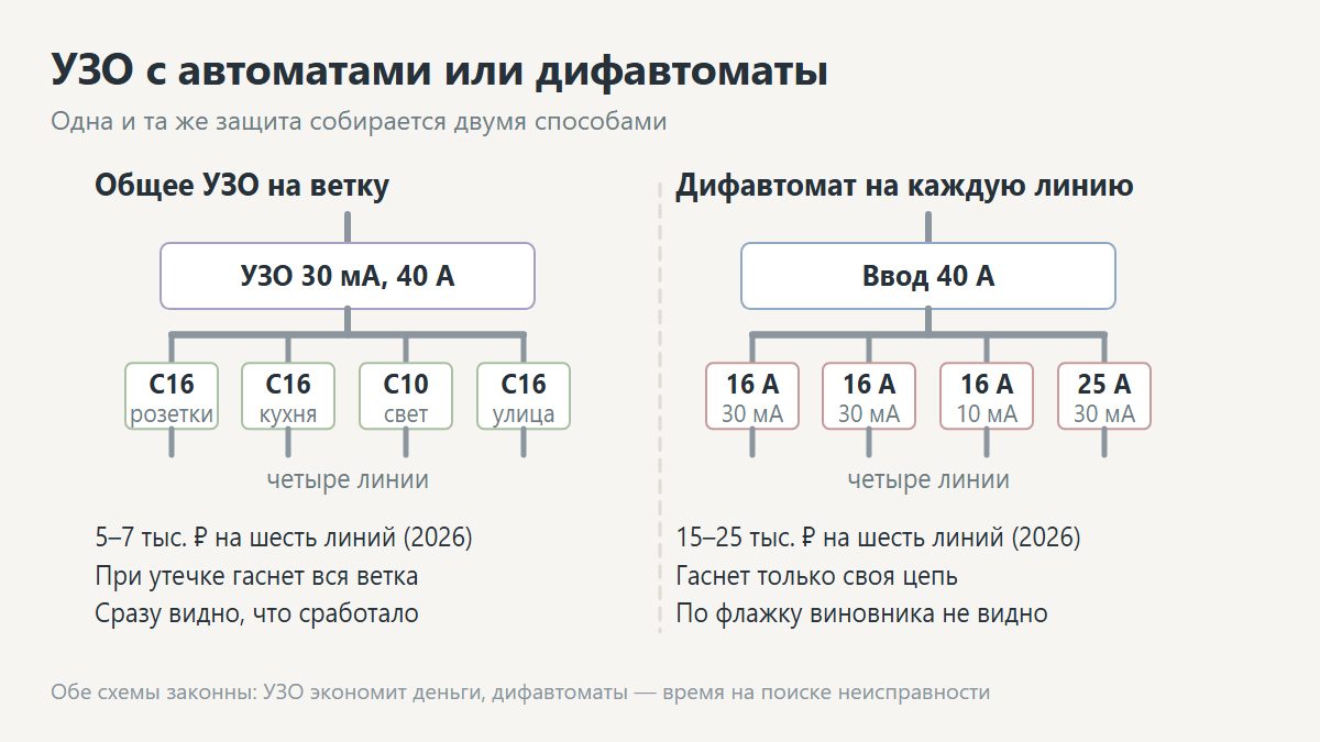 Схема подключения: слева УЗО с групповыми автоматами, справа дифавтомат на группу