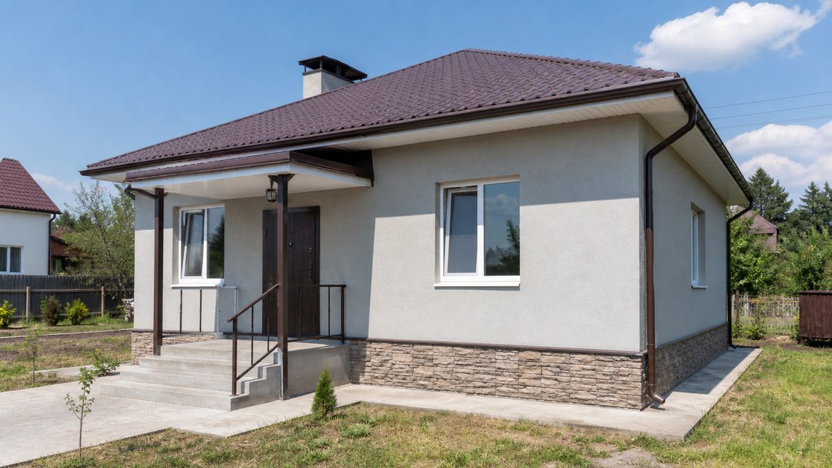 Фасад частного дома с комбинированной отделкой штукатуркой и камнем