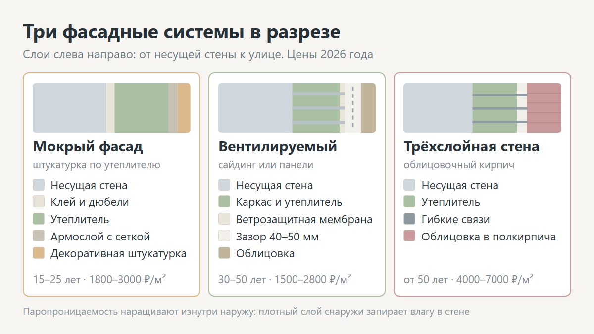 Схемы фасадных систем: мокрый фасад, вентилируемый фасад, облицовка кирпичом
