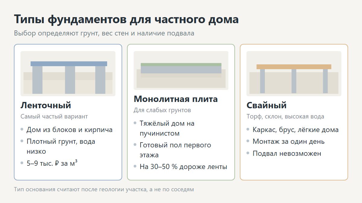 Типы фундаментов для частного дома: лента, плита, сваи