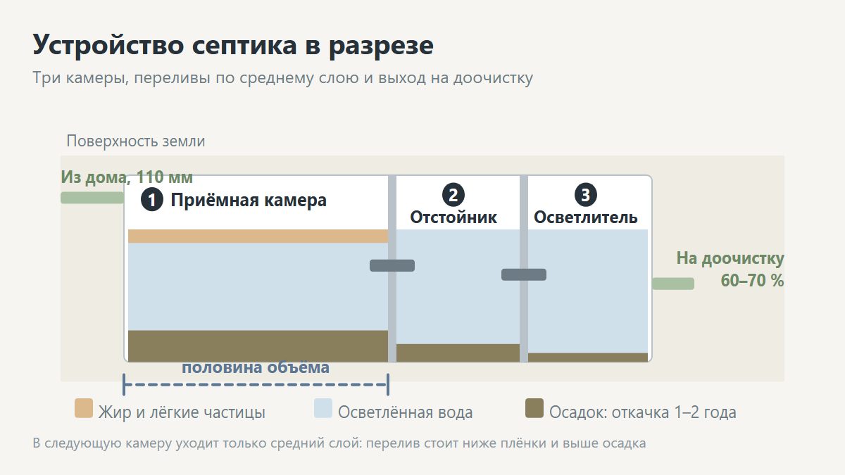 Устройство септика в разрезе: камеры отстаивания и переливы