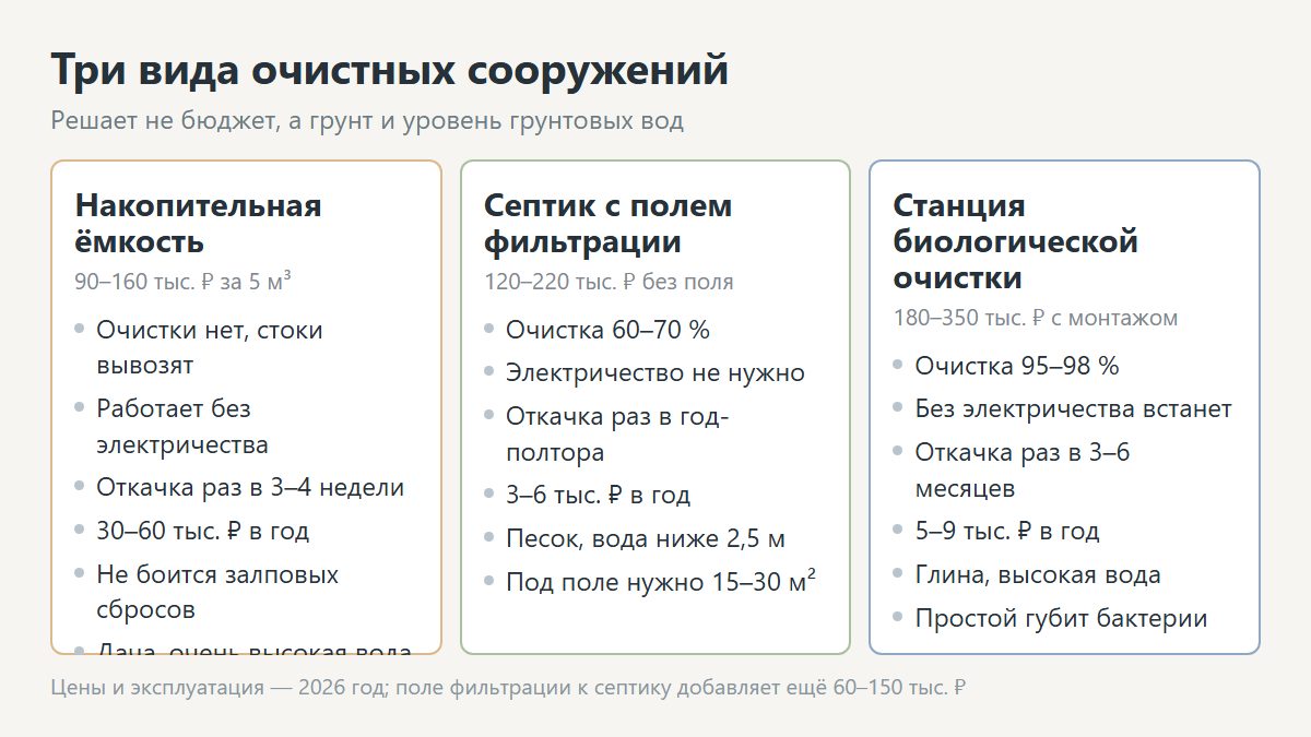 Виды септиков для частного дома: накопительная ёмкость, септик с полем фильтрации, станция биологической очистки