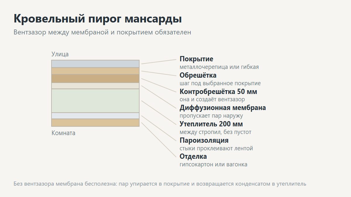 Кровельный пирог на скате малого уклона