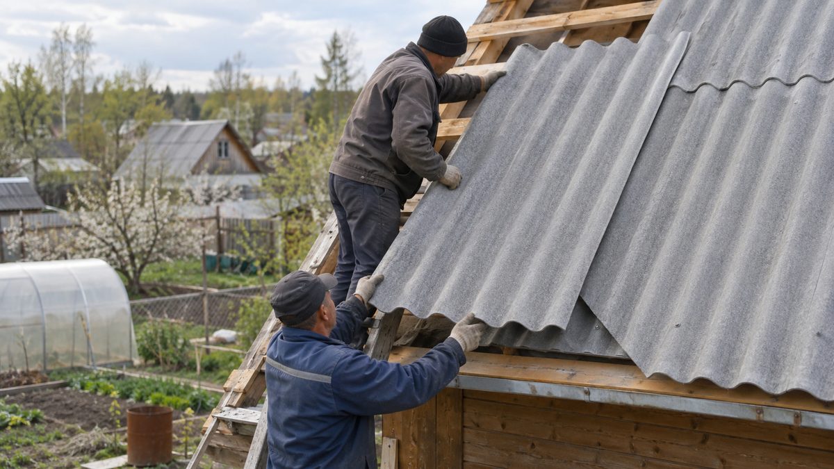 Укладка листов шифера снизу вверх с нахлёстом в одну волну