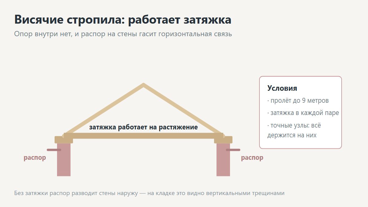 Висячие стропила с затяжкой без внутренних опор