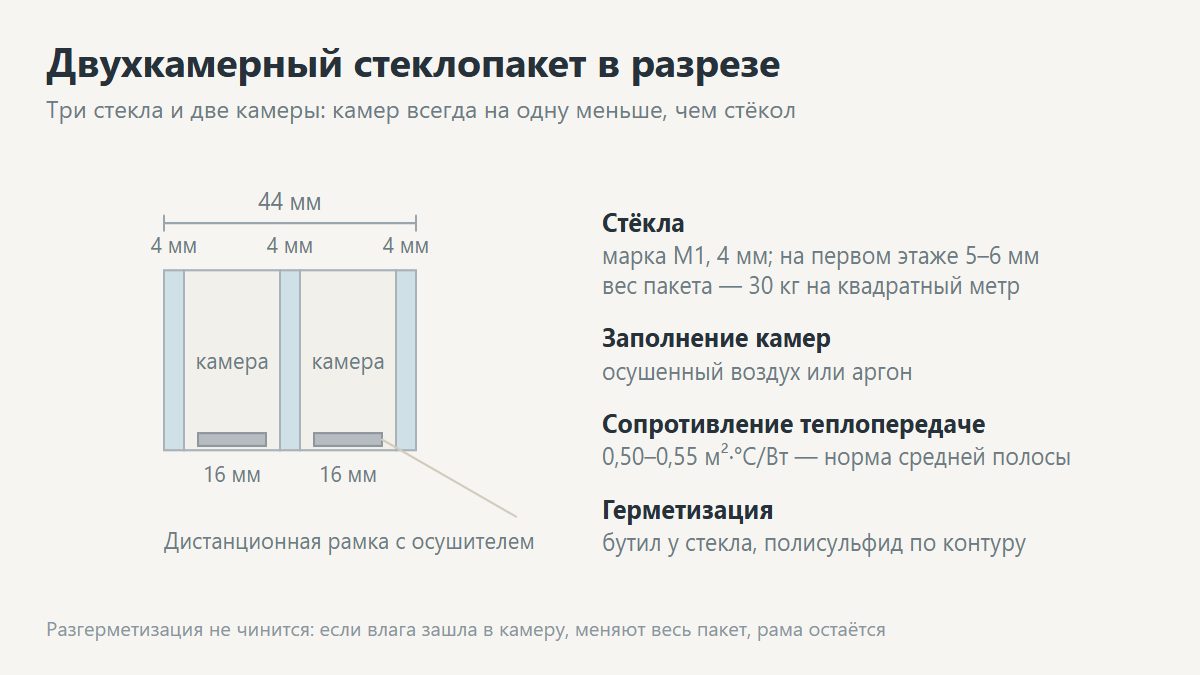 Двухкамерный стеклопакет в разрезе: три стекла и две камеры