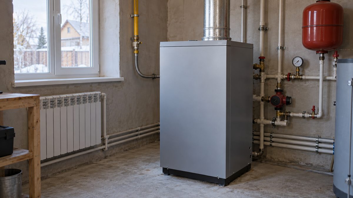 Напольный газовый котёл в котельной частного дома