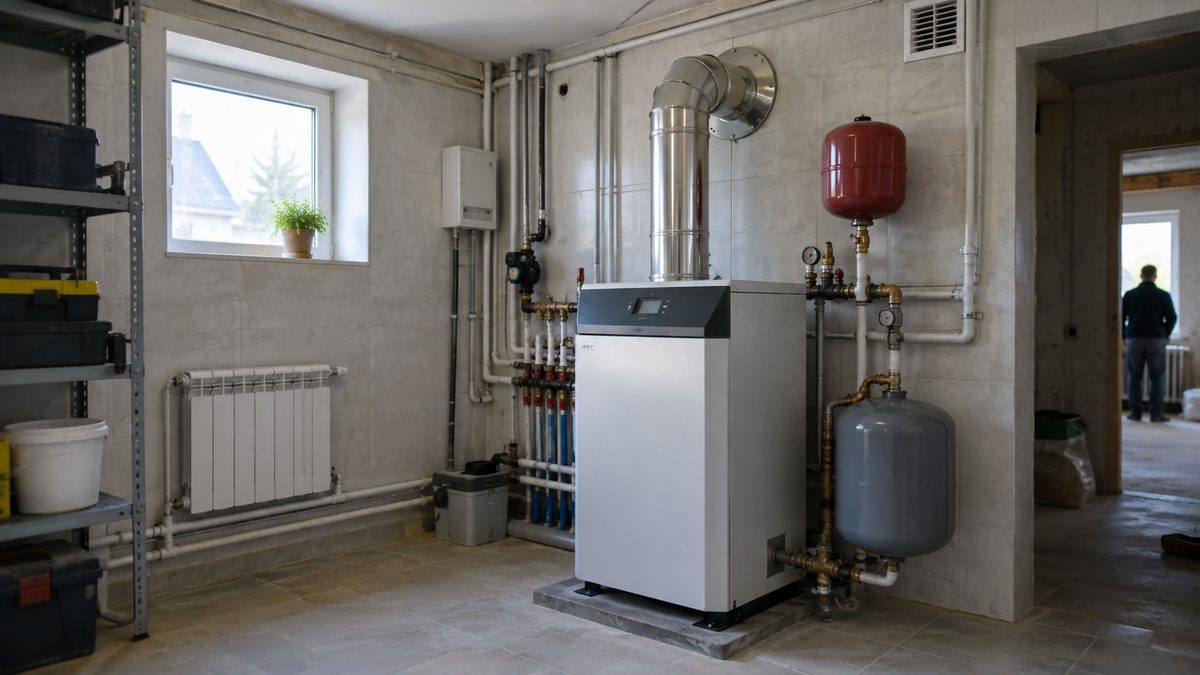 Напольный газовый котёл в отдельном помещении котельной