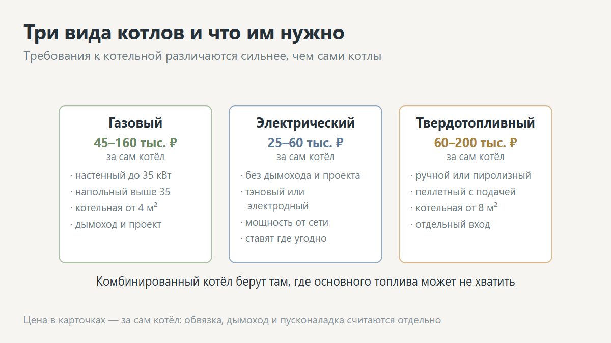 Виды котлов отопления: газовый, электрический, твердотопливный