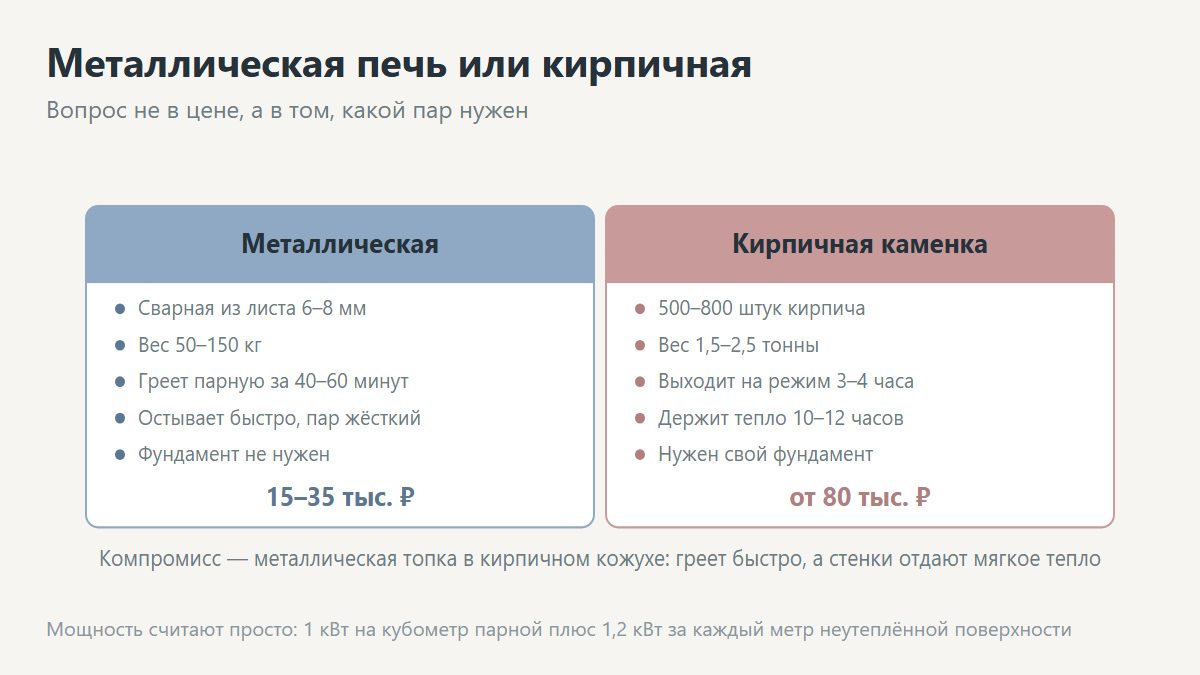 Металлическая печь для бани и кирпичная каменка в сравнении