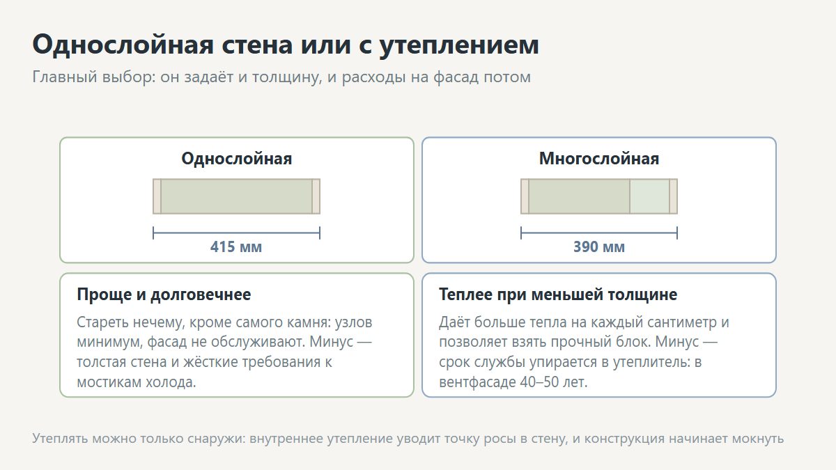 Однослойная стена из газобетона и многослойная с утеплителем