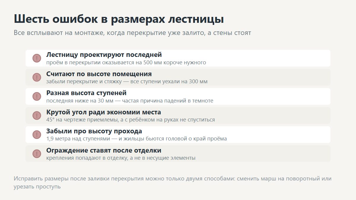 Ошибки в размерах лестницы