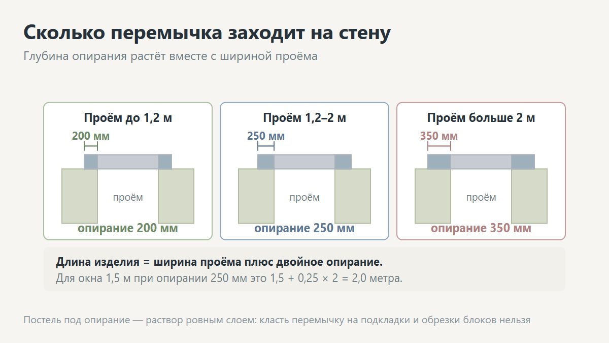Опирание перемычки на стену: минимальная глубина заведения