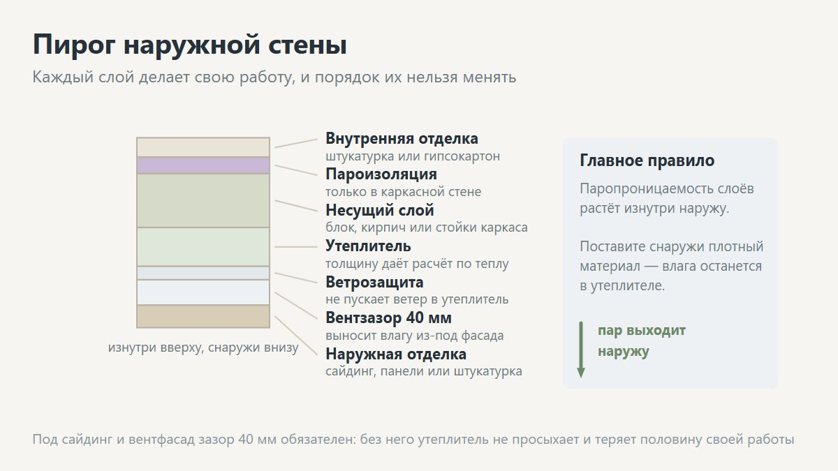 Пирог стены дома: несущая часть, утеплитель, фасадная отделка