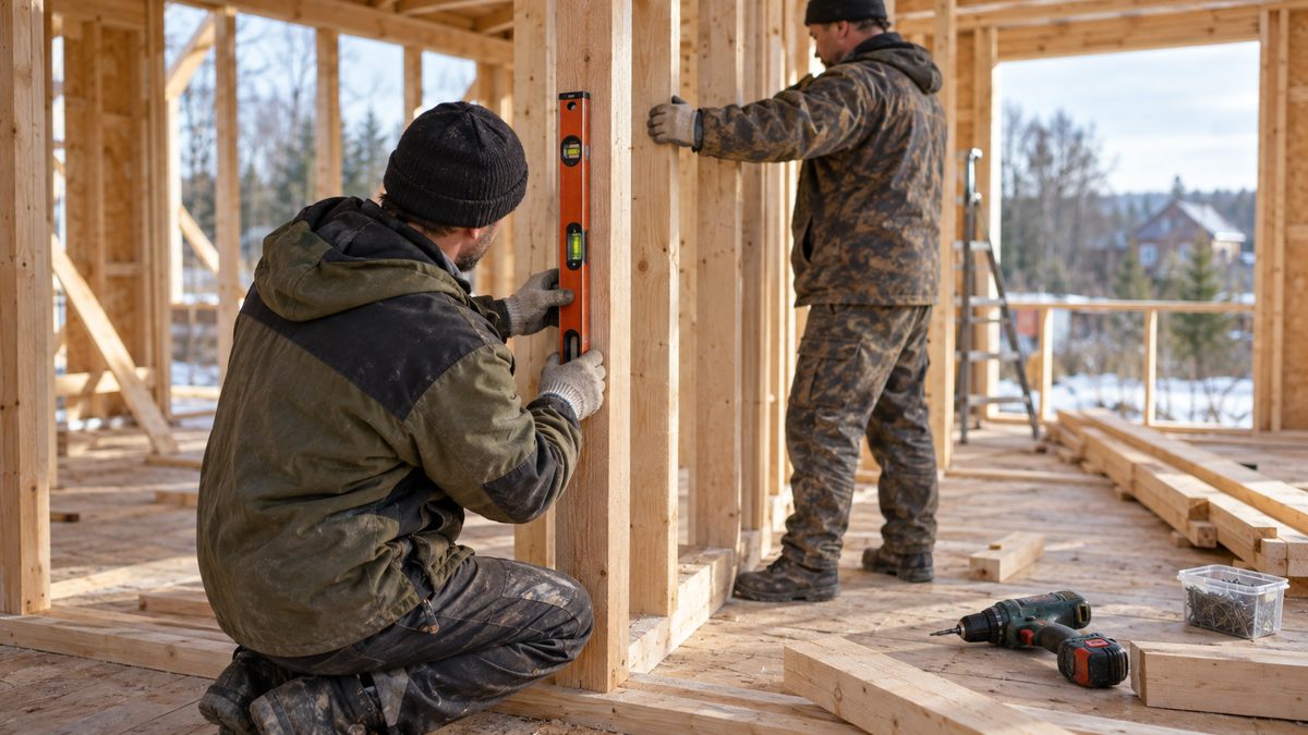 Сборка каркаса стены с проверкой вертикали