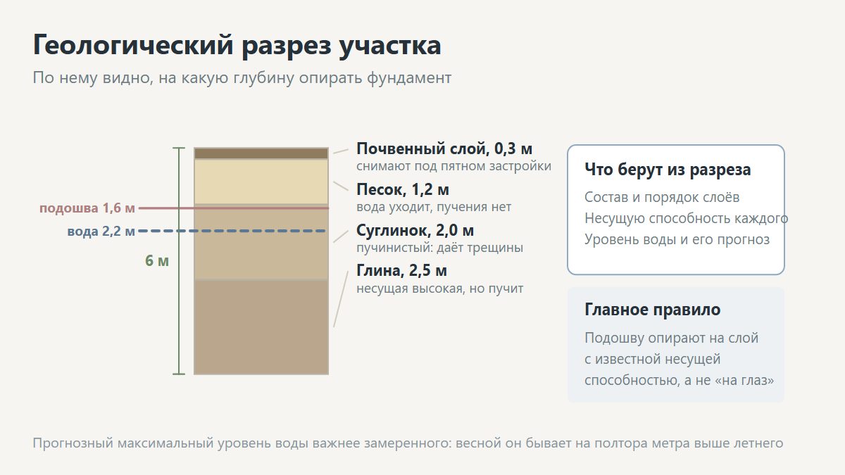 Разрез грунта на участке: слои песка, суглинка и глины