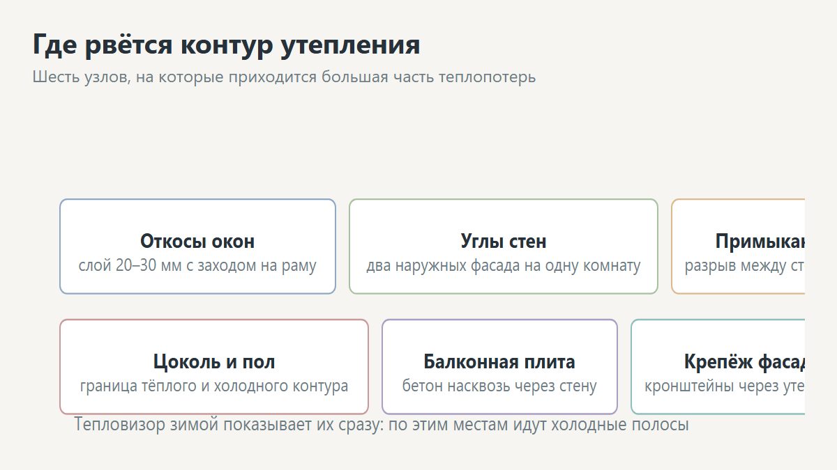 Мостики холода в узлах дома: откос окна, угол стены, балкон, примыкание кровли