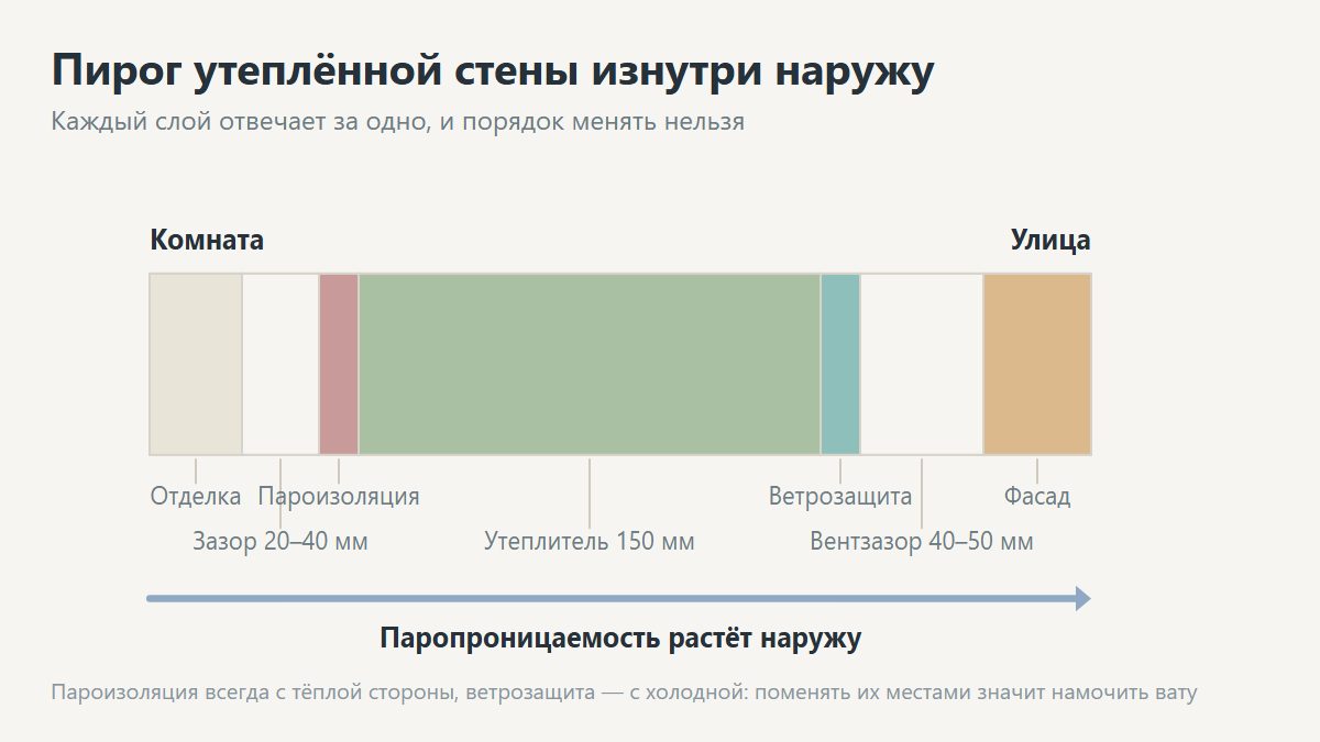 Пирог утеплённой стены в разрезе: отделка, зазор, пароизоляция, утеплитель, ветрозащита