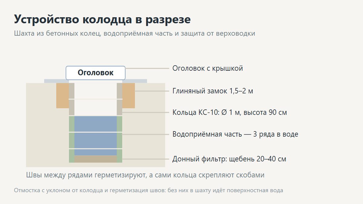 Устройство колодца: шахта, донный фильтр, оголовок